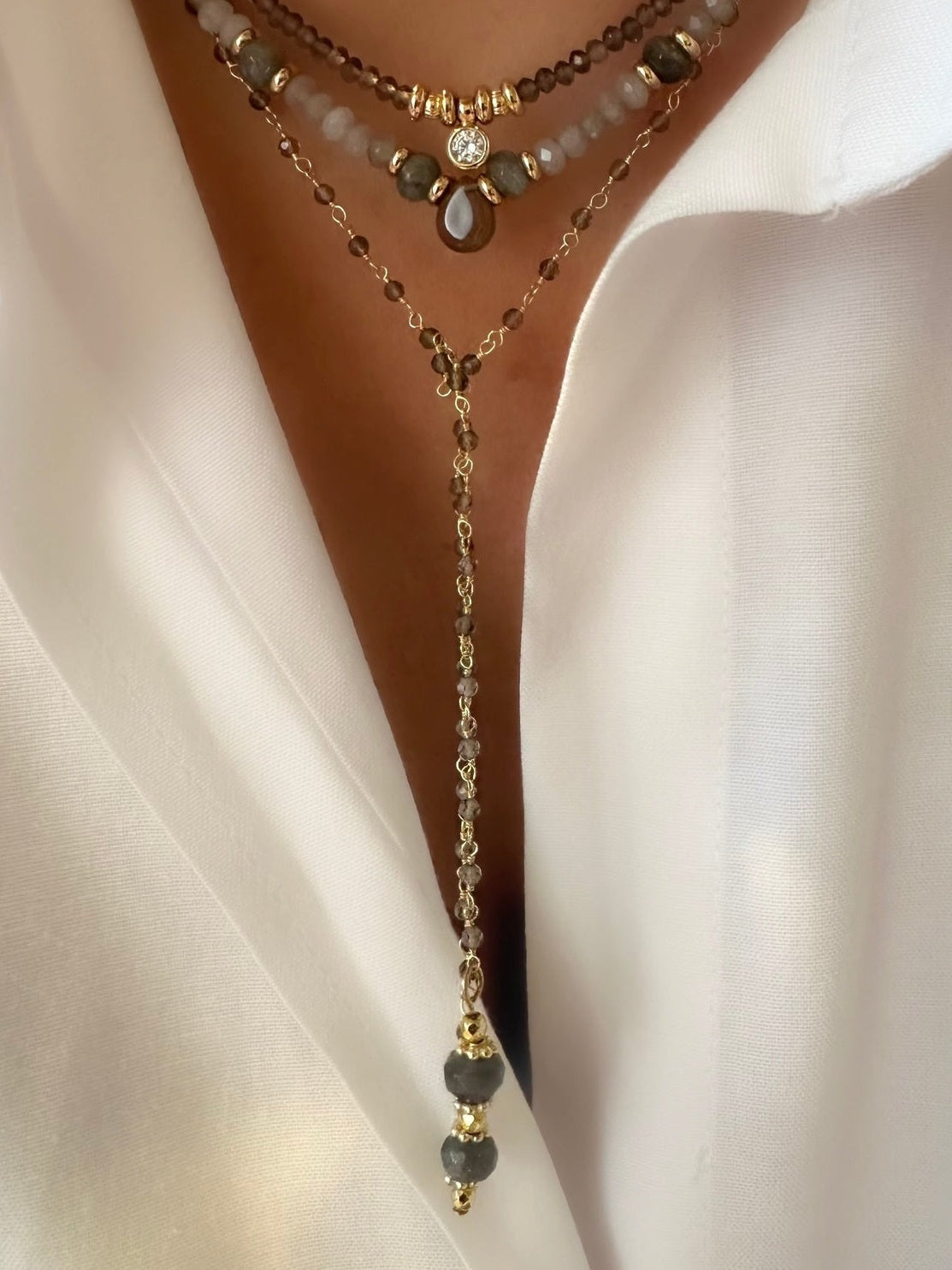 Collar Energy Rosario (Cuarzo y Labradorita) (Plata 925 bañada Oro 18k)