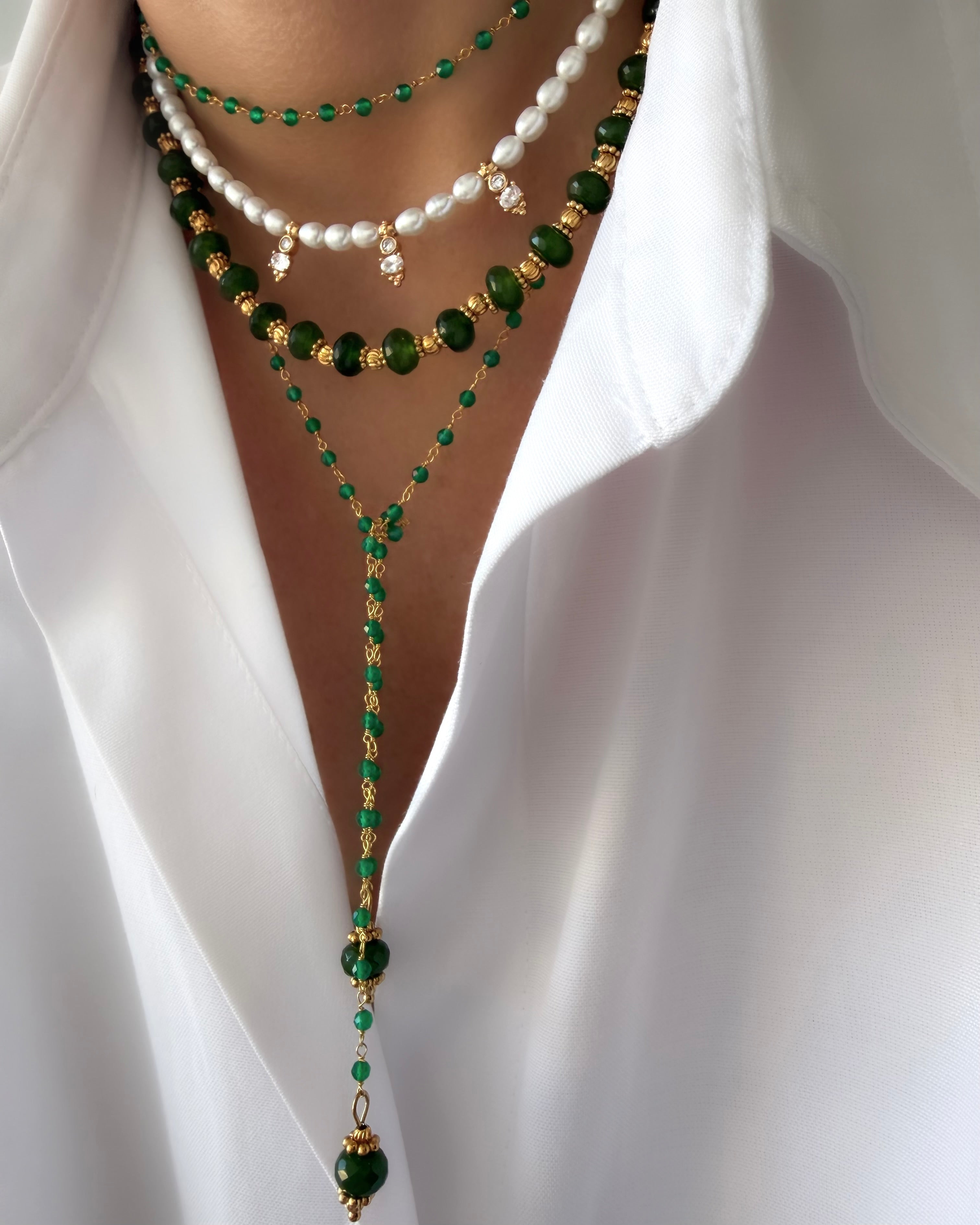Energy Rosario Necklace (Green Onyx & Jade) (18k Gold-Plated Sterling Silver 925)