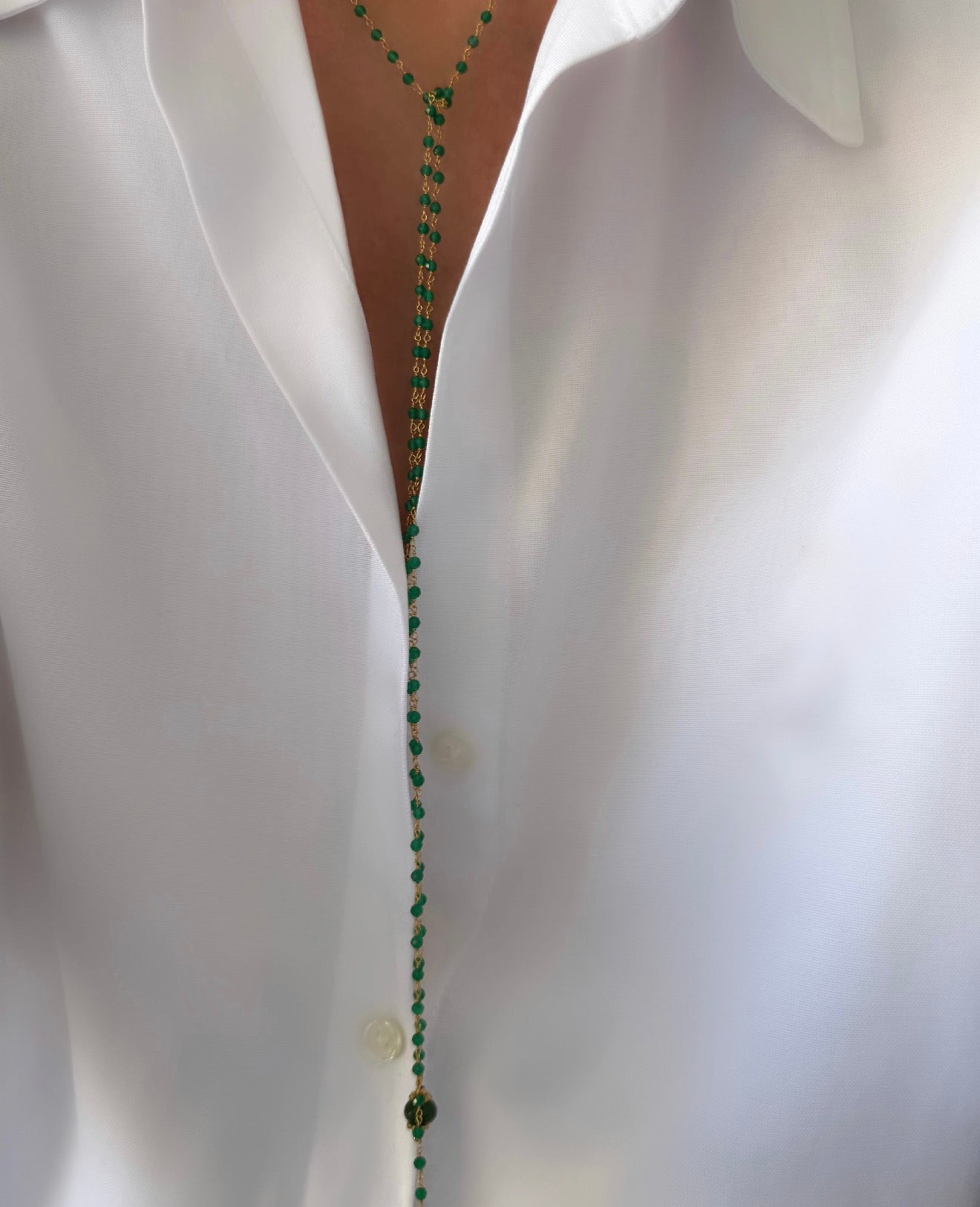 Energy Rosario Necklace (Green Onyx & Jade) (18k Gold-Plated Sterling Silver 925)