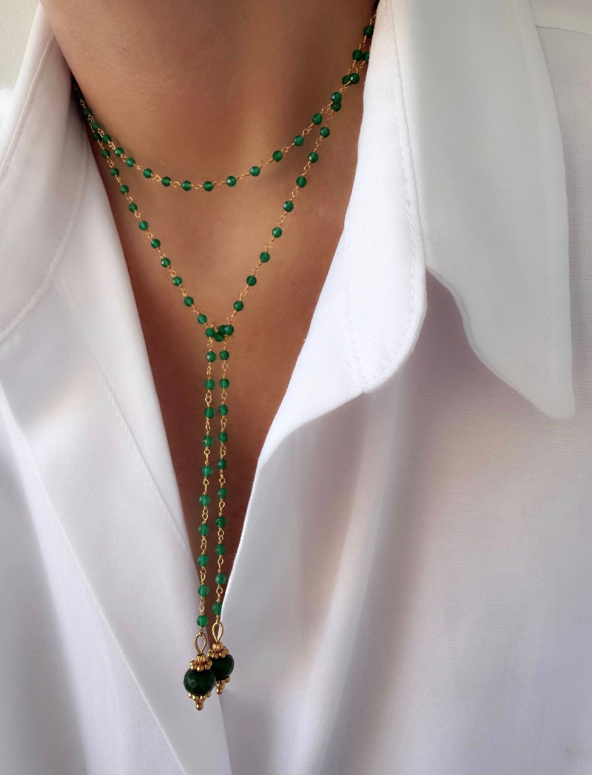 Collar Energy Rosario (Onix verde y Jade) (Plata 925 bañada Oro 18k)