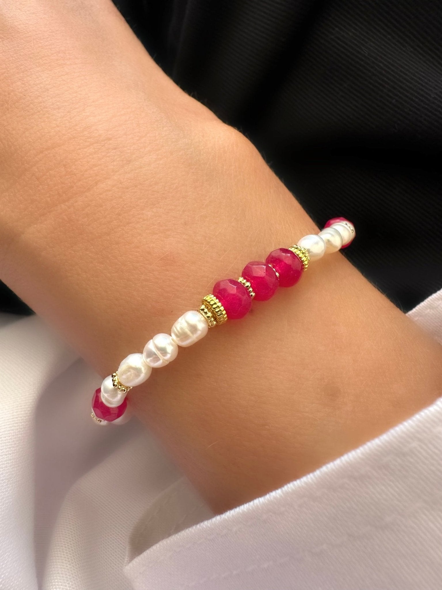Pulsera Stones Crisol (Cuarzo rosa y perlas) - LE MARSHAND™