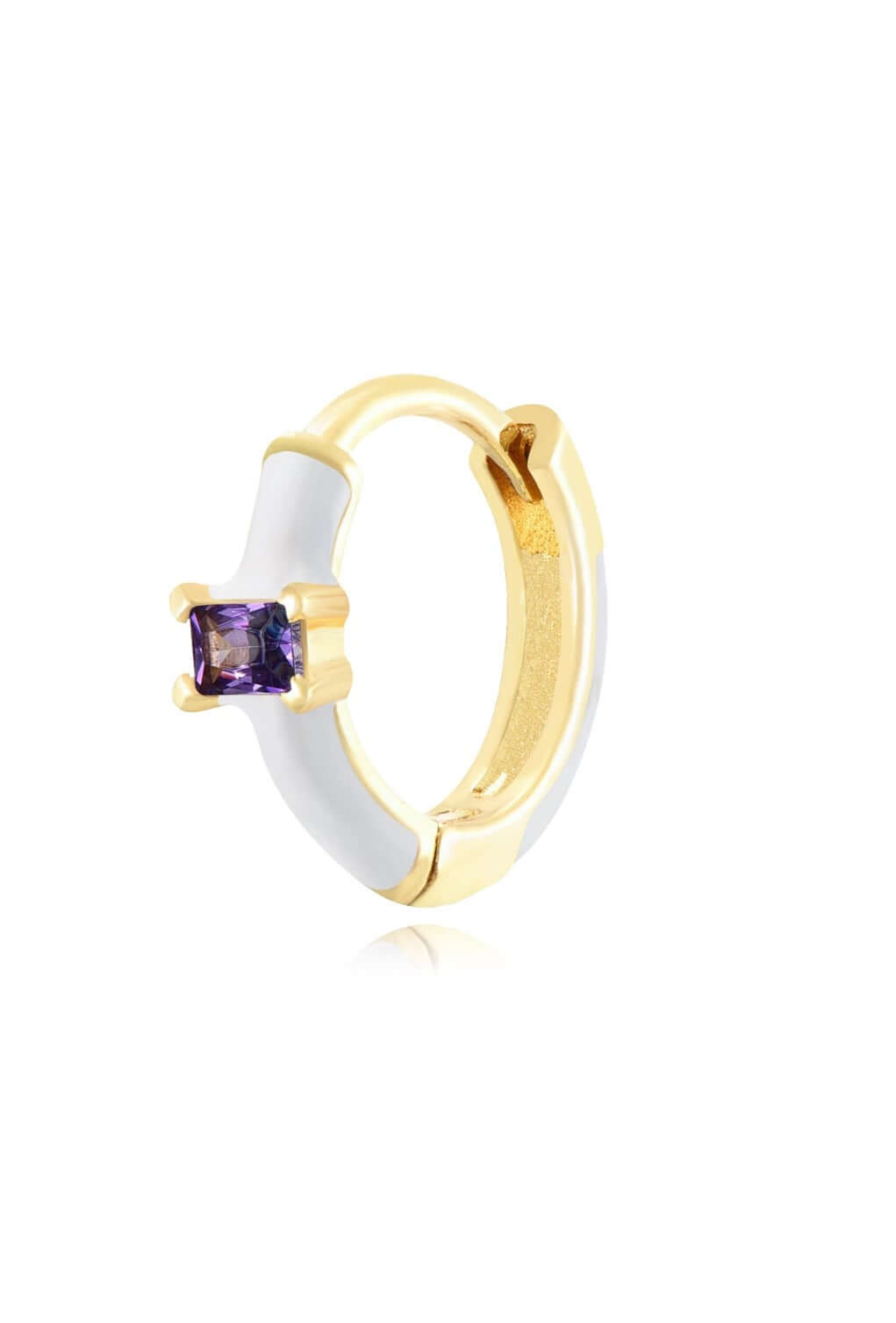 Le Marshand® - Joyería en plata 925, chapado en Oro 24K - Arito Esmalte Blanco y solitario lila - Diseños propios - Brazaletes, pulseras, collares y pendientes - Joyería online - Mallorca