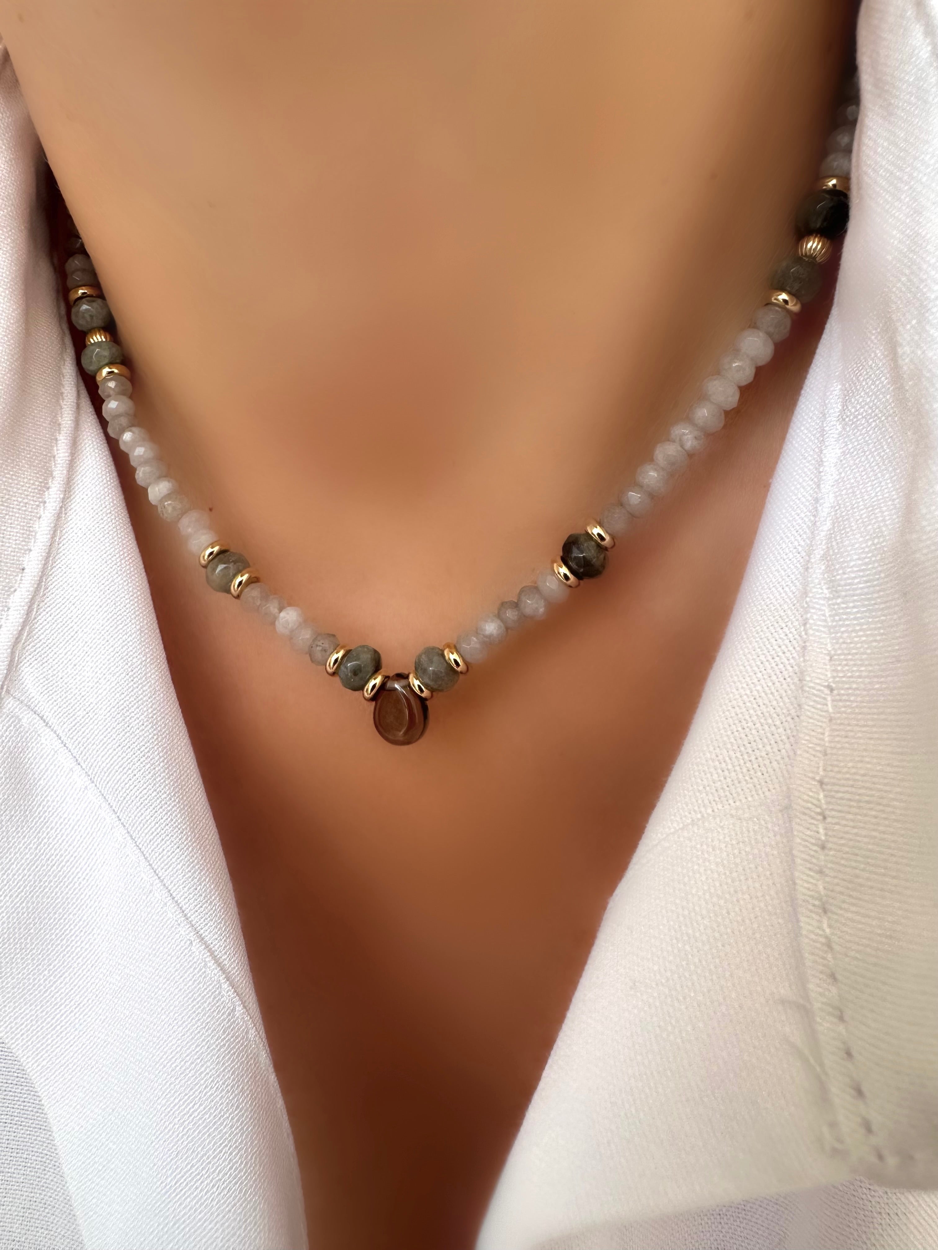 Stones Drop Necklace (Labradorite, Agate & Quartz)
