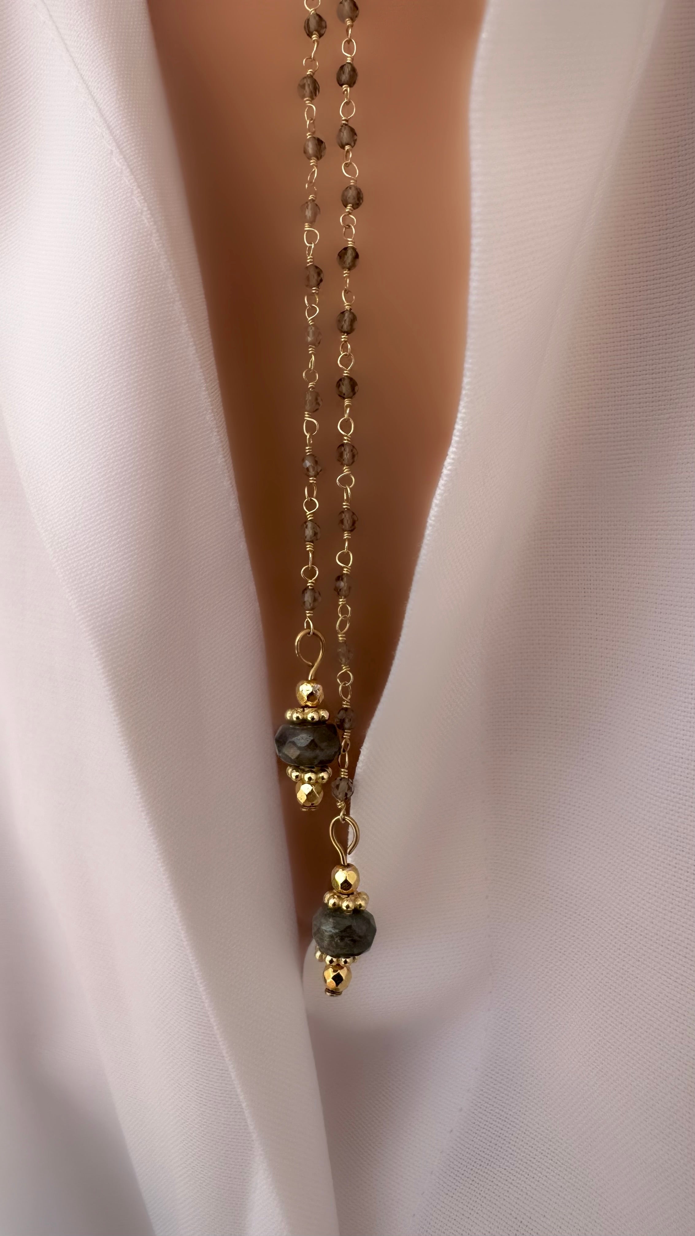 Energy Rosario Necklace (Quartz & Labradorite) (18k Gold-Plated Sterling Silver 925)