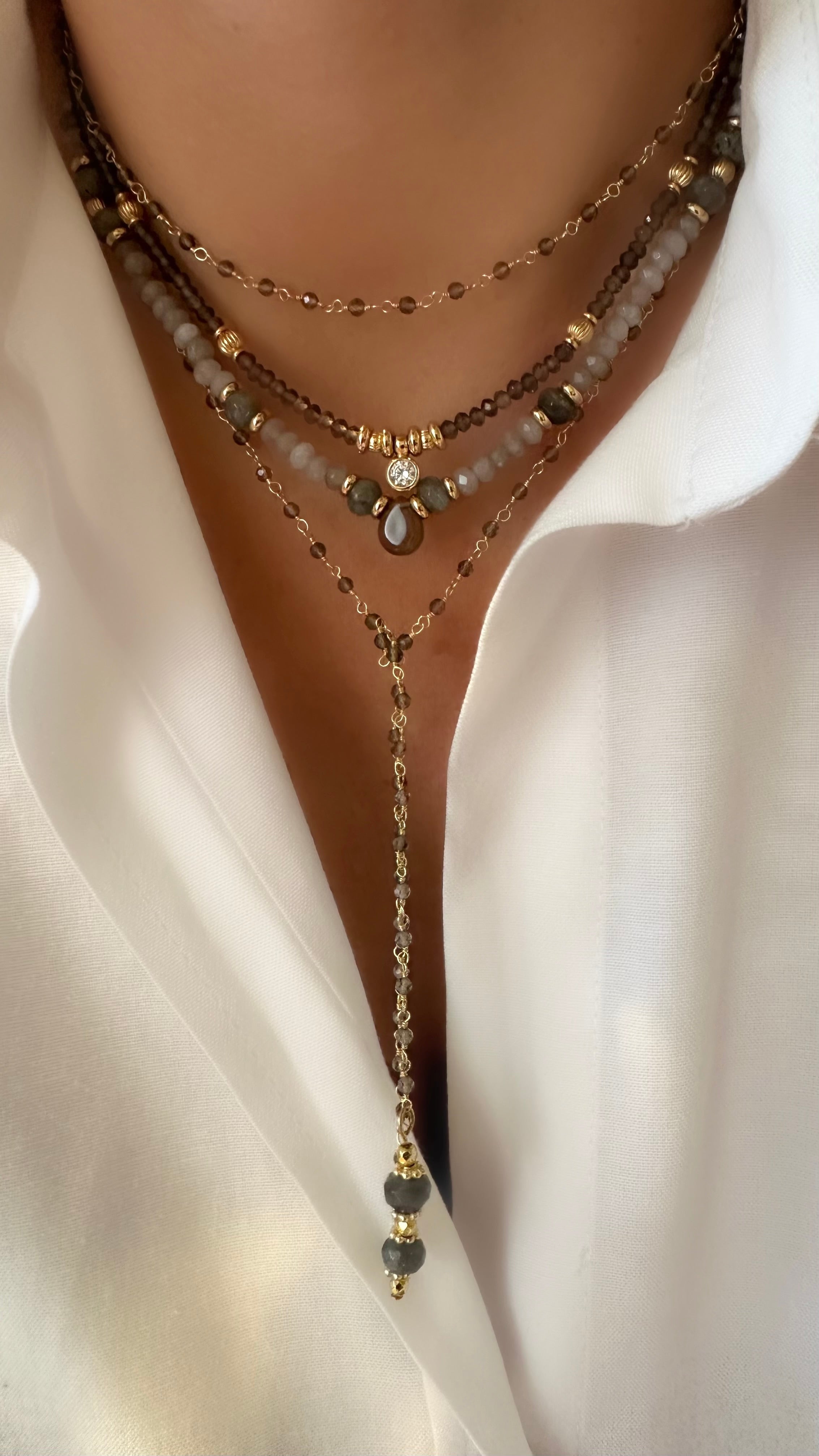 Energy Rosario Necklace (Quartz & Labradorite) (18k Gold-Plated Sterling Silver 925)