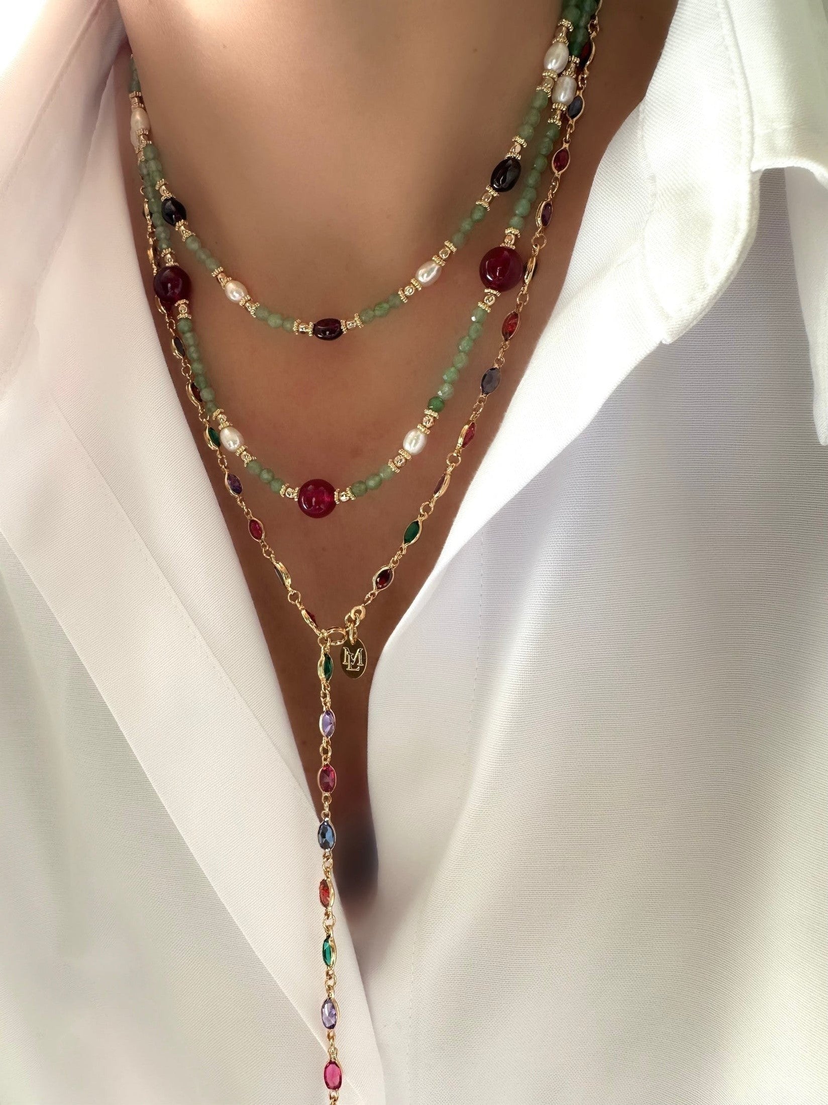  Stones Osiris Long Necklace (Aventurine and Garnet)