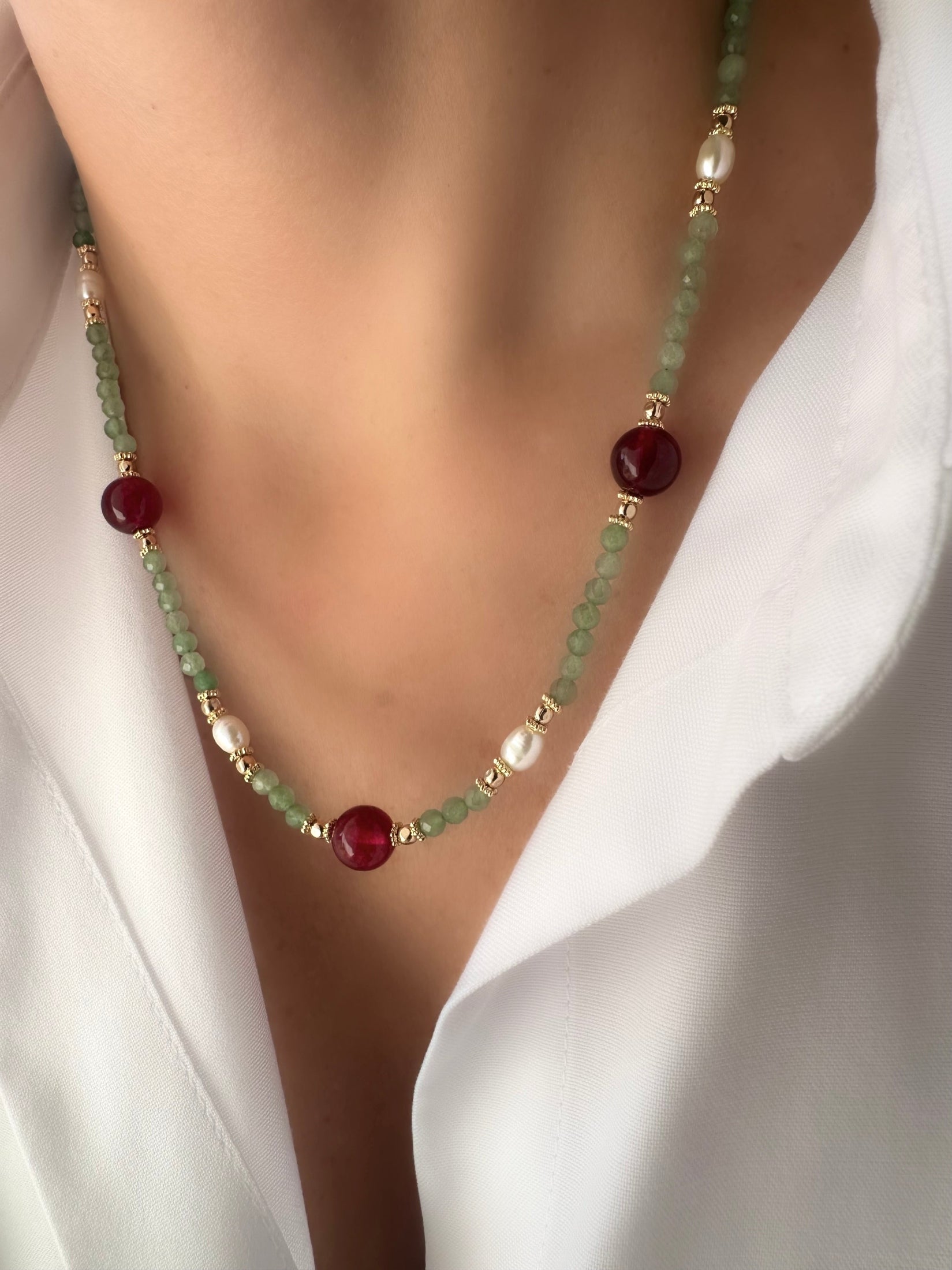  Stones Osiris Long Necklace (Aventurine and Garnet)