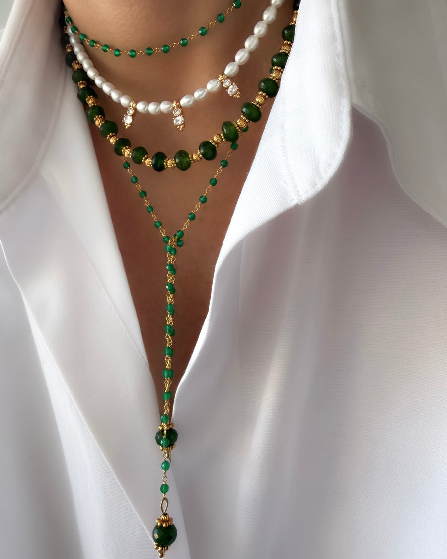Energy Rosario Necklace (Green Onyx & Jade) (18k Gold-Plated Sterling Silver 925)