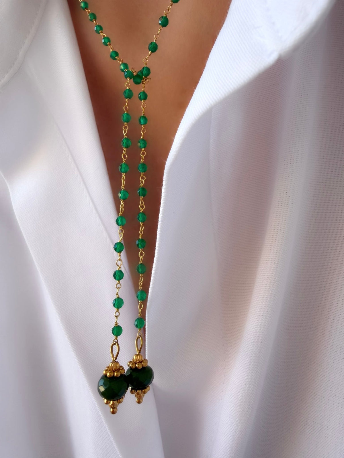 Collar Energy Rosario (Onix verde y Jade) (Plata 925 bañada Oro 18k)