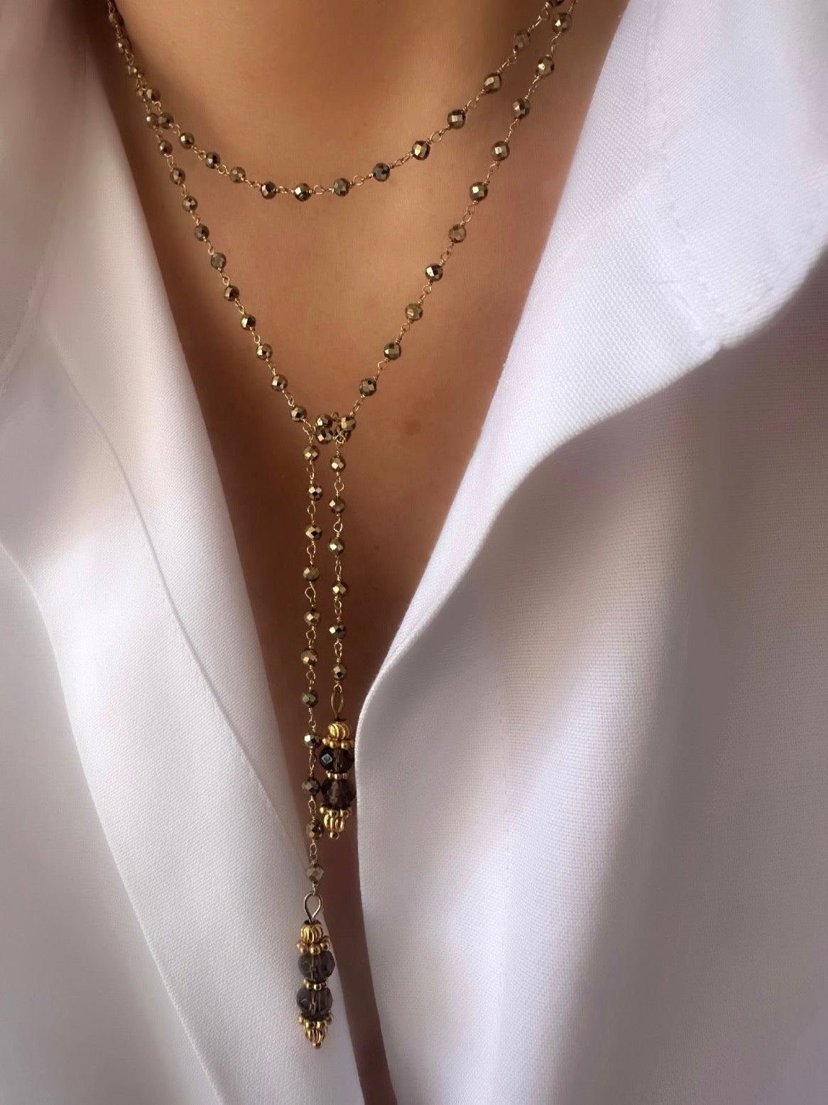 Collar Energy Rosario (Pirita y Cuarzo) (Plata 925 bañada Oro 18k) - LE MARSHAND™