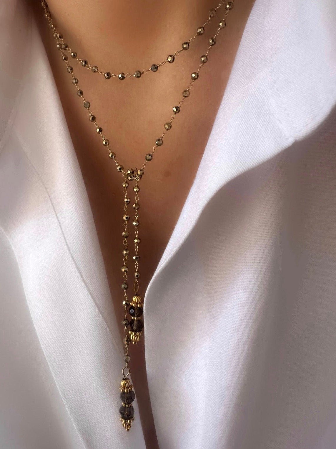 Collar Energy Rosario (Pirita y Cuarzo) (Plata 925 bañada Oro 18k) - LE MARSHAND™