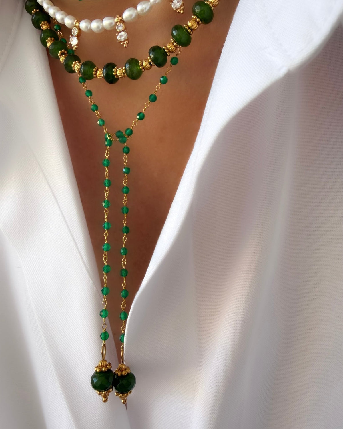 Collar Energy Rosario (Onix verde y Jade) (Plata 925 bañada Oro 18k)