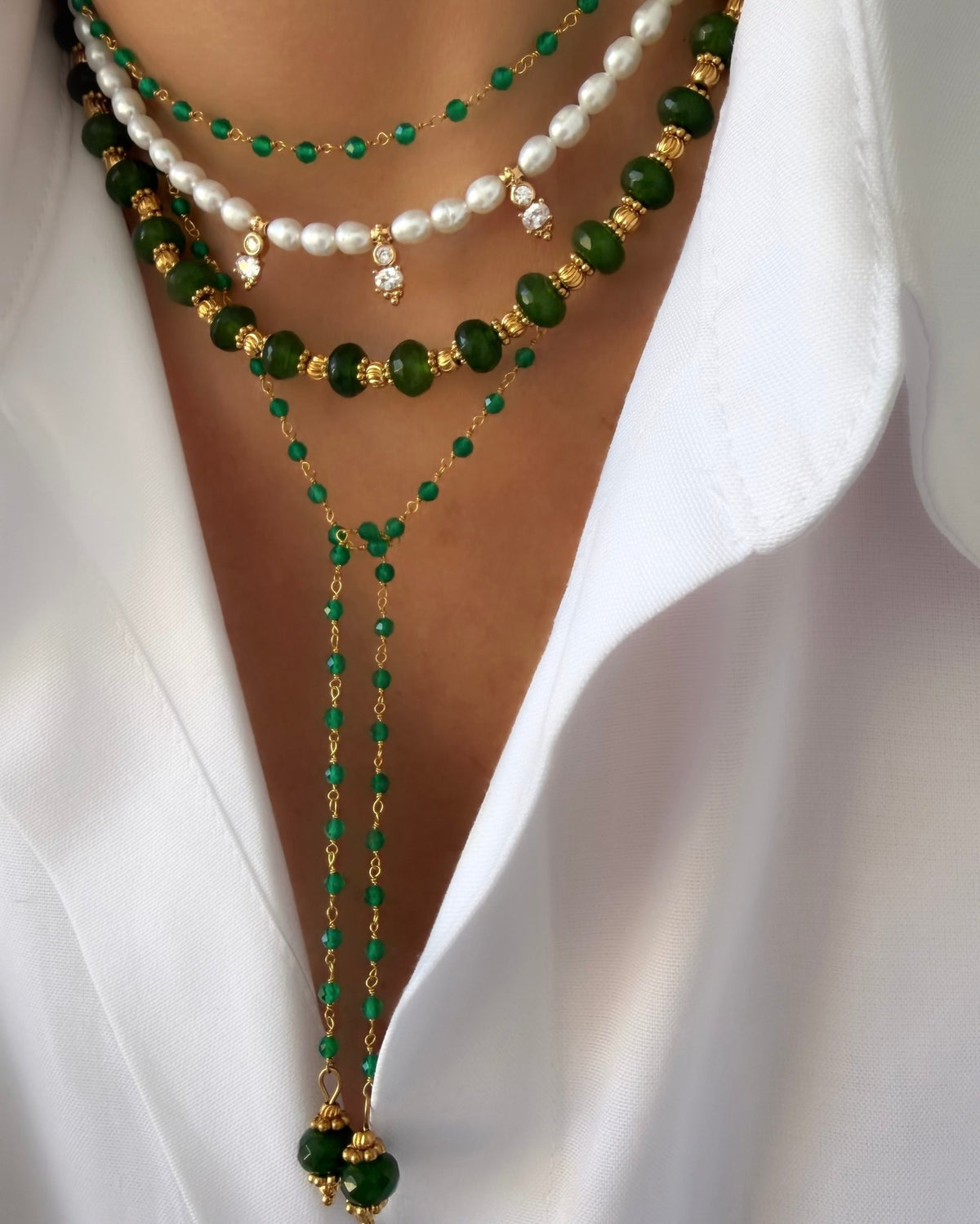Collar Energy Rosario (Onix verde y Jade) (Plata 925 bañada Oro 18k)