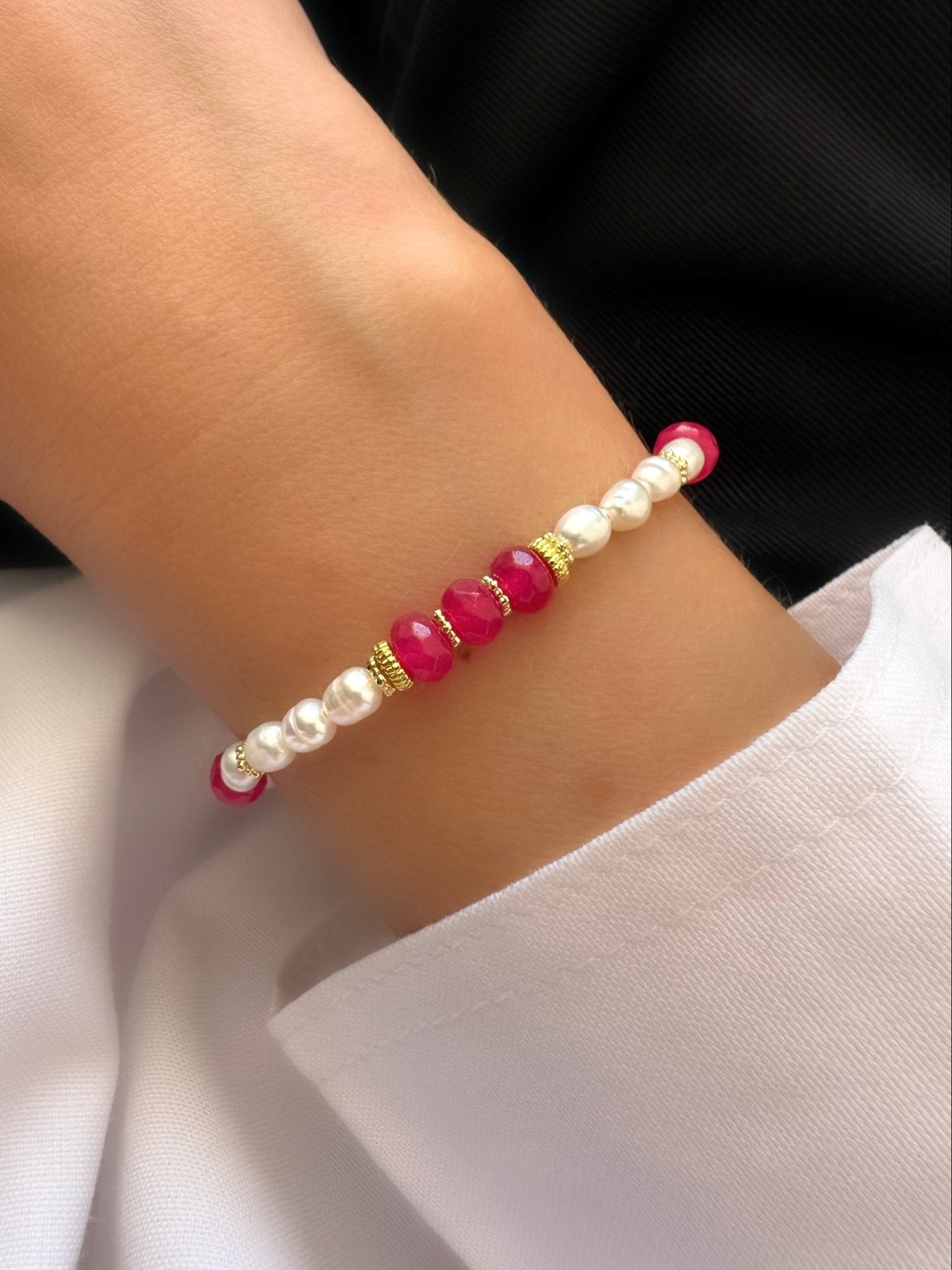 Pulsera Stones Crisol (Cuarzo rosa y perlas) - LE MARSHAND™