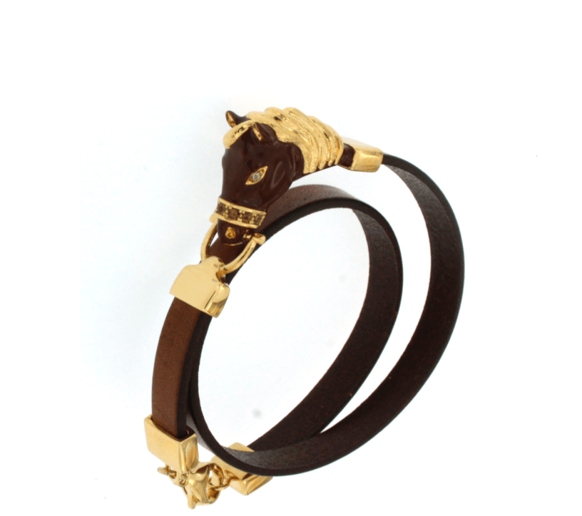 Le Marshand®  -  Joyería en plata 925, chapado en Oro 24K - Brazalete Animal Caballo Marrón sobre piel marrón - Diseños propios - Brazaletes, pulseras, collares y pendientes - Joyería online - Mallorca