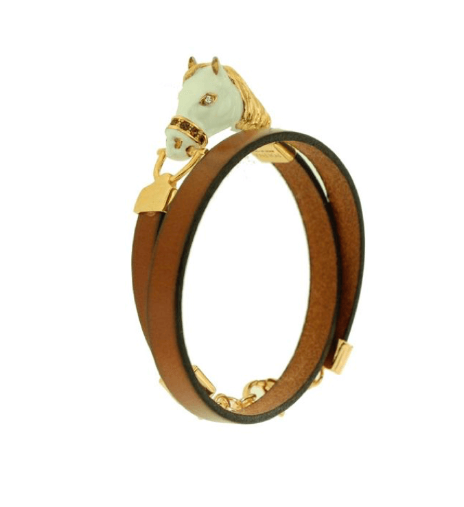 Le Marshand®  -  Joyería en plata 925, chapado en Oro 24K - Brazalete Animal Caballo Blanco sobre piel marrón - Diseños propios - Brazaletes, pulseras, collares y pendientes - Joyería online - Mallorca