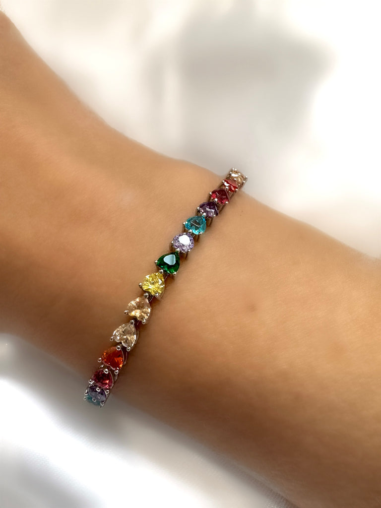 Le Marshand®  -  Joyería en plata 925, chapado en Oro 24K - Pulsera Riviere Corazón colorines (Plata 925) - Diseños propios - Brazaletes, pulseras, collares y pendientes - Joyería online - Mallorca