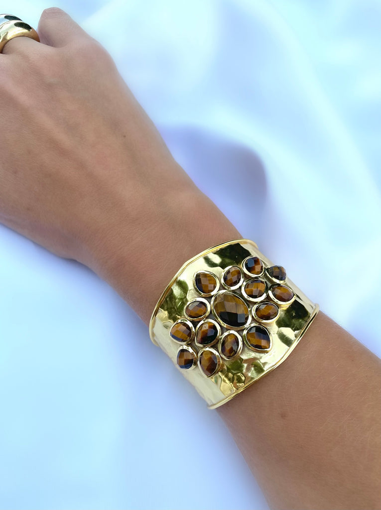 Le Marshand®  -  Joyería en plata 925, chapado en Oro 24K - Brazalete Flor Ojo de Tigre - Diseños propios - Brazaletes, pulseras, collares y pendientes - Joyería online - Mallorca