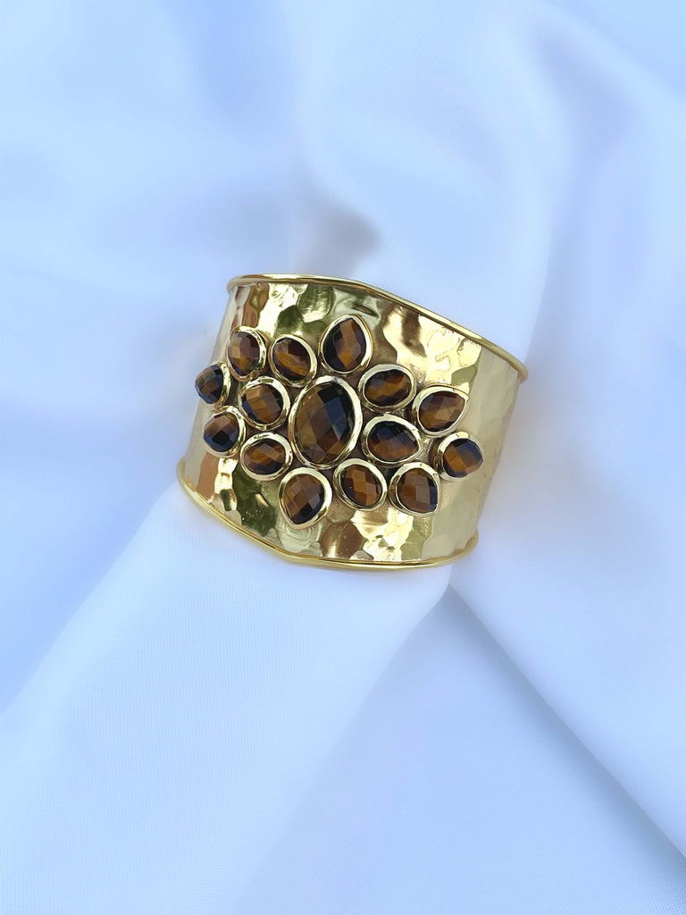 Le Marshand®  -  Joyería en plata 925, chapado en Oro 24K - Brazalete Flor Ojo de Tigre - Diseños propios - Brazaletes, pulseras, collares y pendientes - Joyería online - Mallorca