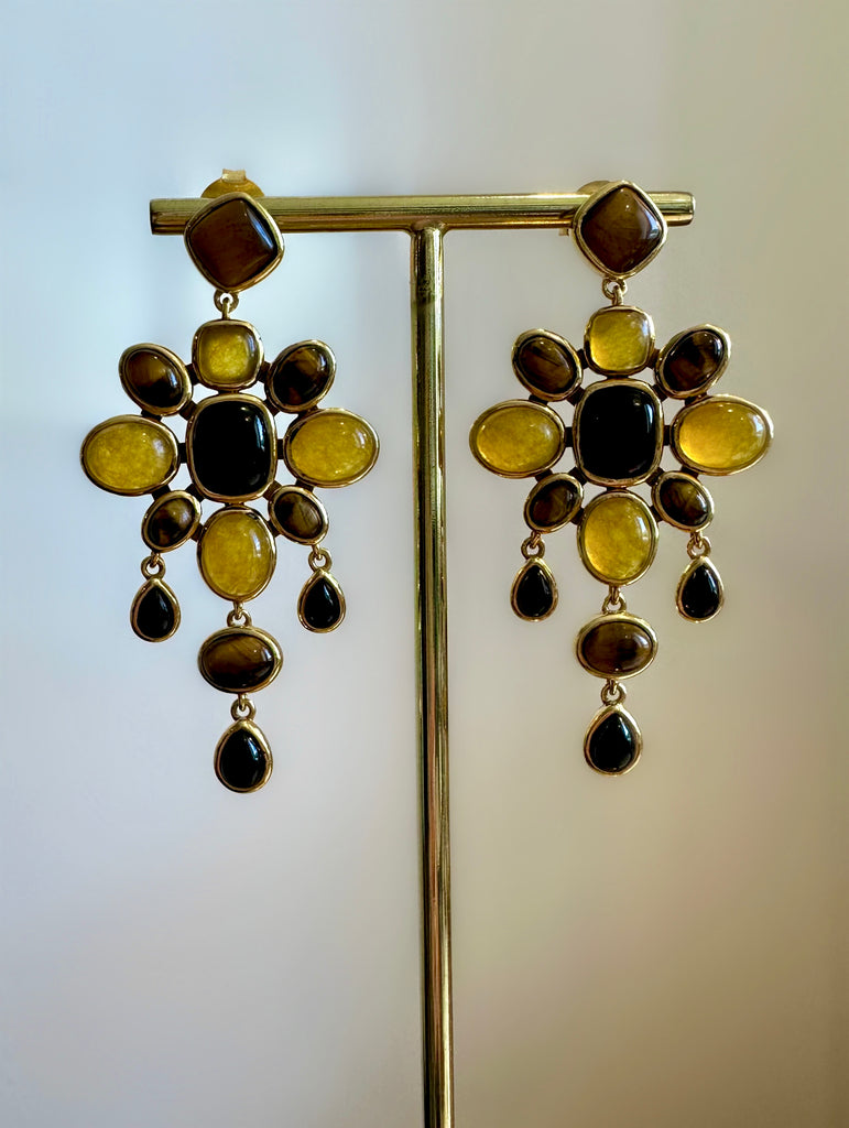 Le Marshand®  -  Joyería en plata 925, chapado en Oro 24K - Pendientes Rosetón Cuarzos (Marrón y ocre) - Diseños propios - Brazaletes, pulseras, collares y pendientes - Joyería online - Mallorca