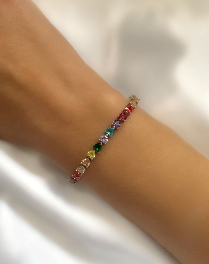 Le Marshand®  -  Joyería en plata 925, chapado en Oro 24K - Pulsera Riviere Corazón colorines (Plata 925) - Diseños propios - Brazaletes, pulseras, collares y pendientes - Joyería online - Mallorca