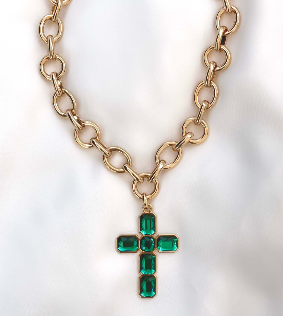 Le Marshand®  -  Joyería en plata 925, chapado en Oro 24K - Collar Gran Cruz Verde - Diseños propios - Brazaletes, pulseras, collares y pendientes - Joyería online - Mallorca