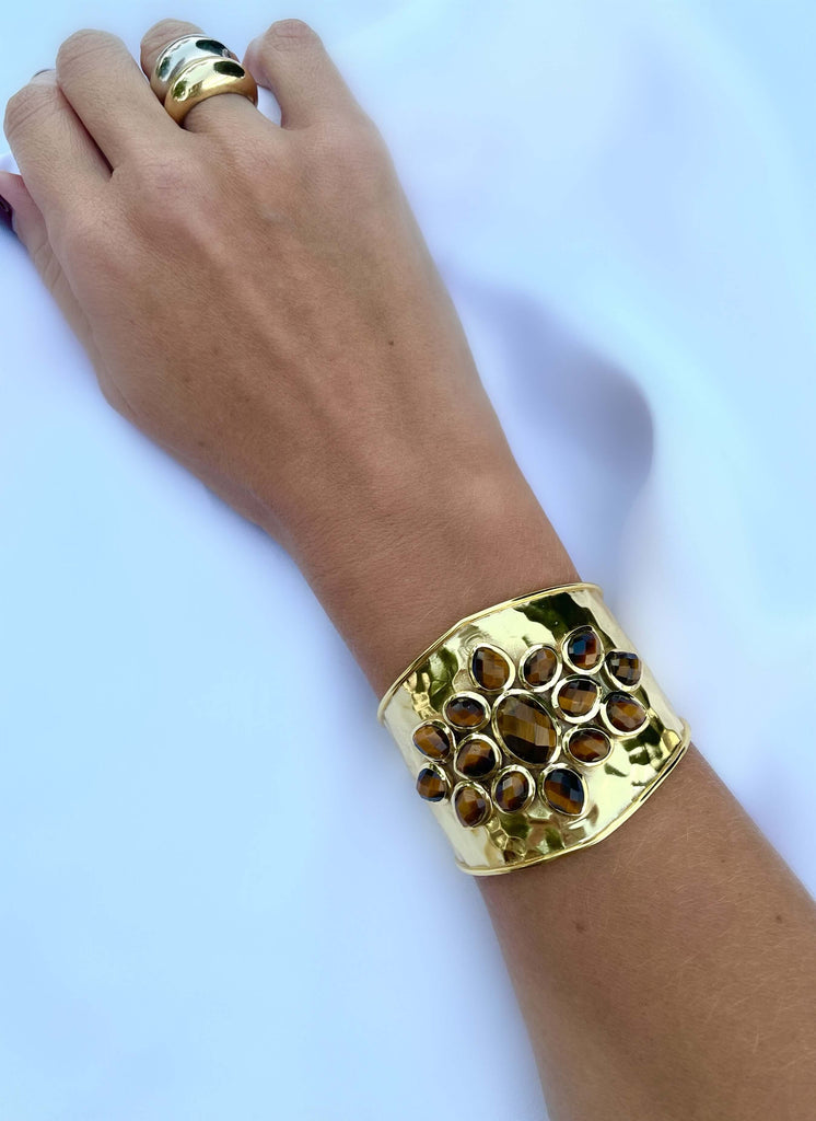 Le Marshand®  -  Joyería en plata 925, chapado en Oro 24K - Brazalete Flor Ojo de Tigre - Diseños propios - Brazaletes, pulseras, collares y pendientes - Joyería online - Mallorca