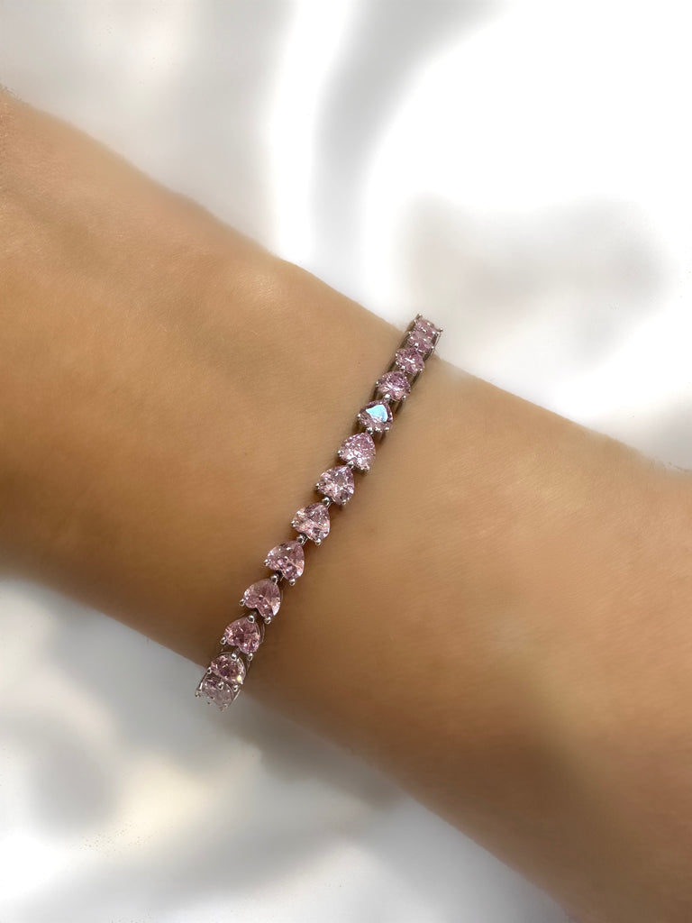 Le Marshand®  -  Joyería en plata 925, chapado en Oro 24K - Pulsera Riviere Corazón Rosa (Plata 925) - Diseños propios - Brazaletes, pulseras, collares y pendientes - Joyería online - Mallorca